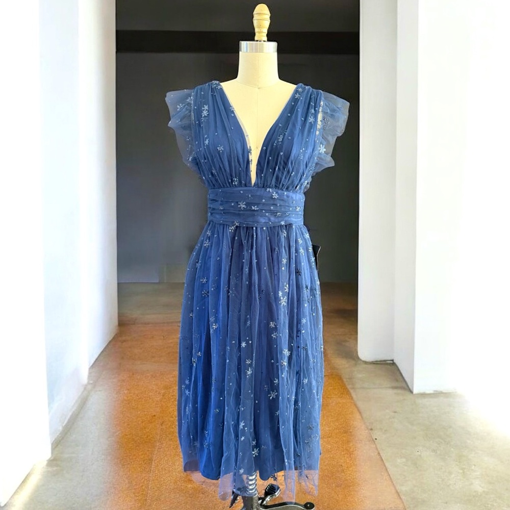 Soieblu Navy Blue Midi Dress with Star Embellishment